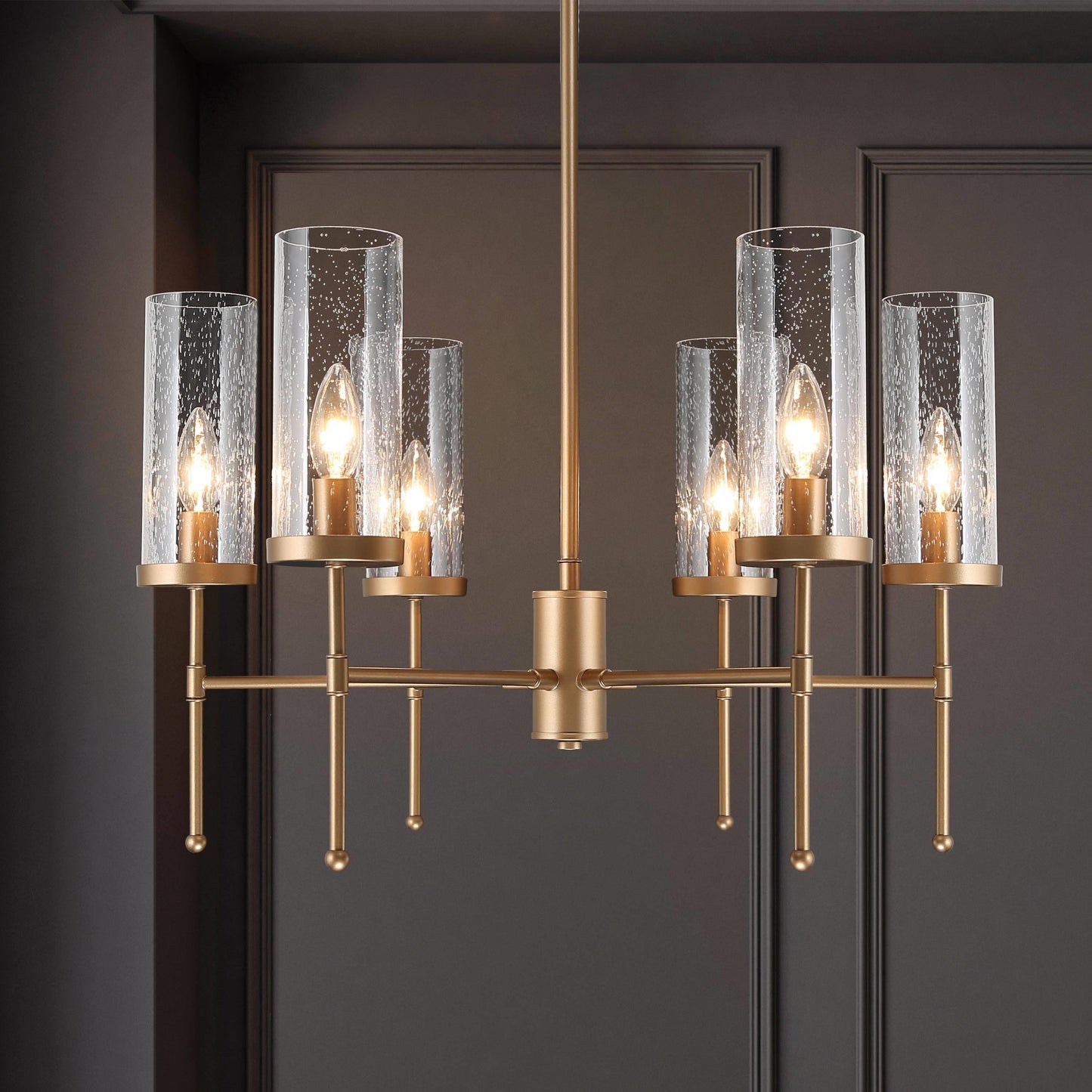 LNC  6-Light Gold with Seeded Glass Linear Modern/Contemporary LED Chandelier