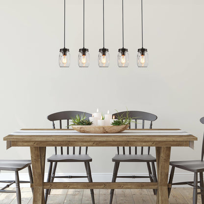 LNC 5-Light Linear Chandelier with Mason Jar Glass,Farmhouse LED Kitchen Island Light,Brown Wood and Black,33.1"L x 4.7"D x 6.7"H