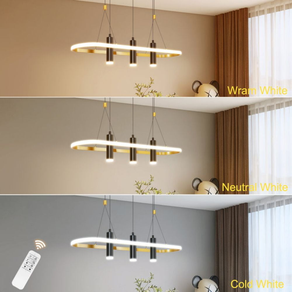 4-Light Chandeliers with Remote Control for Dining Room, Modern Dimmable LED Linear Pendant Light with Gold Oval Chandelier, 45W Hanging Light Fixtures for Kitchen Island, Living Room (No Bulbs)