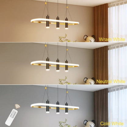 4-Light Chandeliers with Remote Control for Dining Room, Modern Dimmable LED Linear Pendant Light with Gold Oval Chandelier, 45W Hanging Light Fixtures for Kitchen Island, Living Room (No Bulbs)