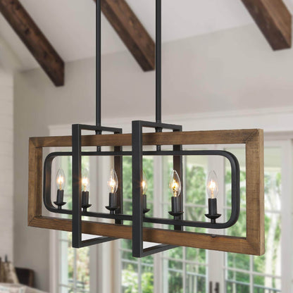 LNC 6-Light 31.5-in W Distressed Wood Brown and Matte Black Farmhouse Wood Chandeliers,Large Linear LED Kitchen Island Light for Dining room,Living Room,Bedroom