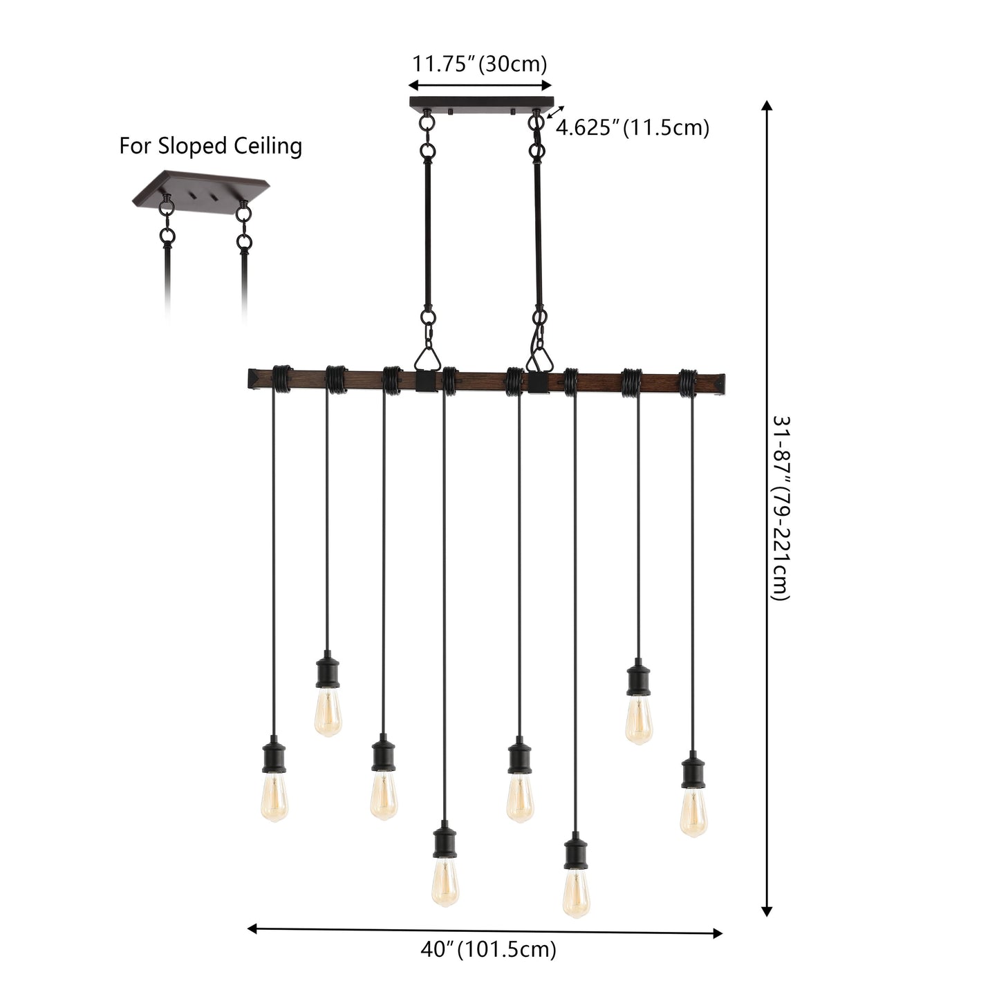 Rhys 40" 8-Light Vintage Industrial Driftwood Iron LED Linear Chandelier with Height Adjustable Bulbs, Brown Wood Finish/Black