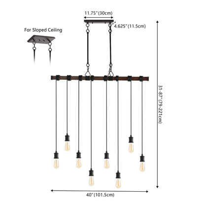 Rhys 40" 8-Light Vintage Industrial Driftwood Iron LED Linear Chandelier with Height Adjustable Bulbs, Brown Wood Finish/Black