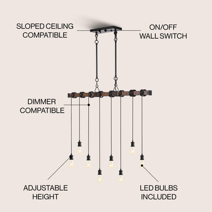 Rhys 40" 8-Light Vintage Industrial Driftwood Iron LED Linear Chandelier with Height Adjustable Bulbs, Brown Wood Finish/Black