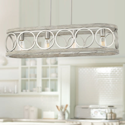 Franklin Iron Works Salima Brushed Nickel Gray Wood Linear Pendant Chandelier 32 1/2" Wide Farmhouse Rustic 4-Light LED for Dining Room Kitchen Island