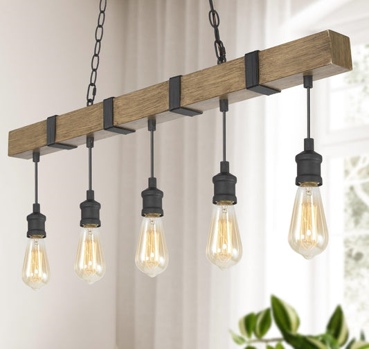 LNC 5-Light Antique Brown Wood Grain and Matte Black Farmhouse Bare Bulb LED Chandelier, Large Linear Kitchen Island Pendant Light for Dining Room, Kitchen Island, Bedroom