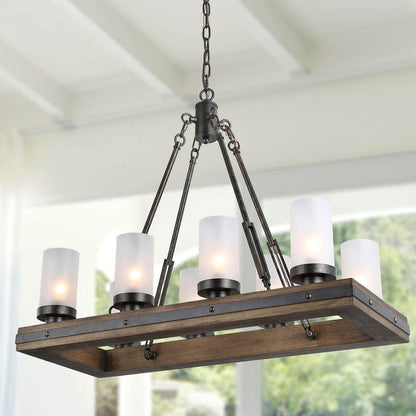 LNC 8-Light 29.9-in W Distressed Wood Brown and Rust Black Farmhouse Chandelier with Frosted Glass Shades,Large Linear Kitchen Island Light for Dining Room,Kitchen Island,Bedroom,Living Room