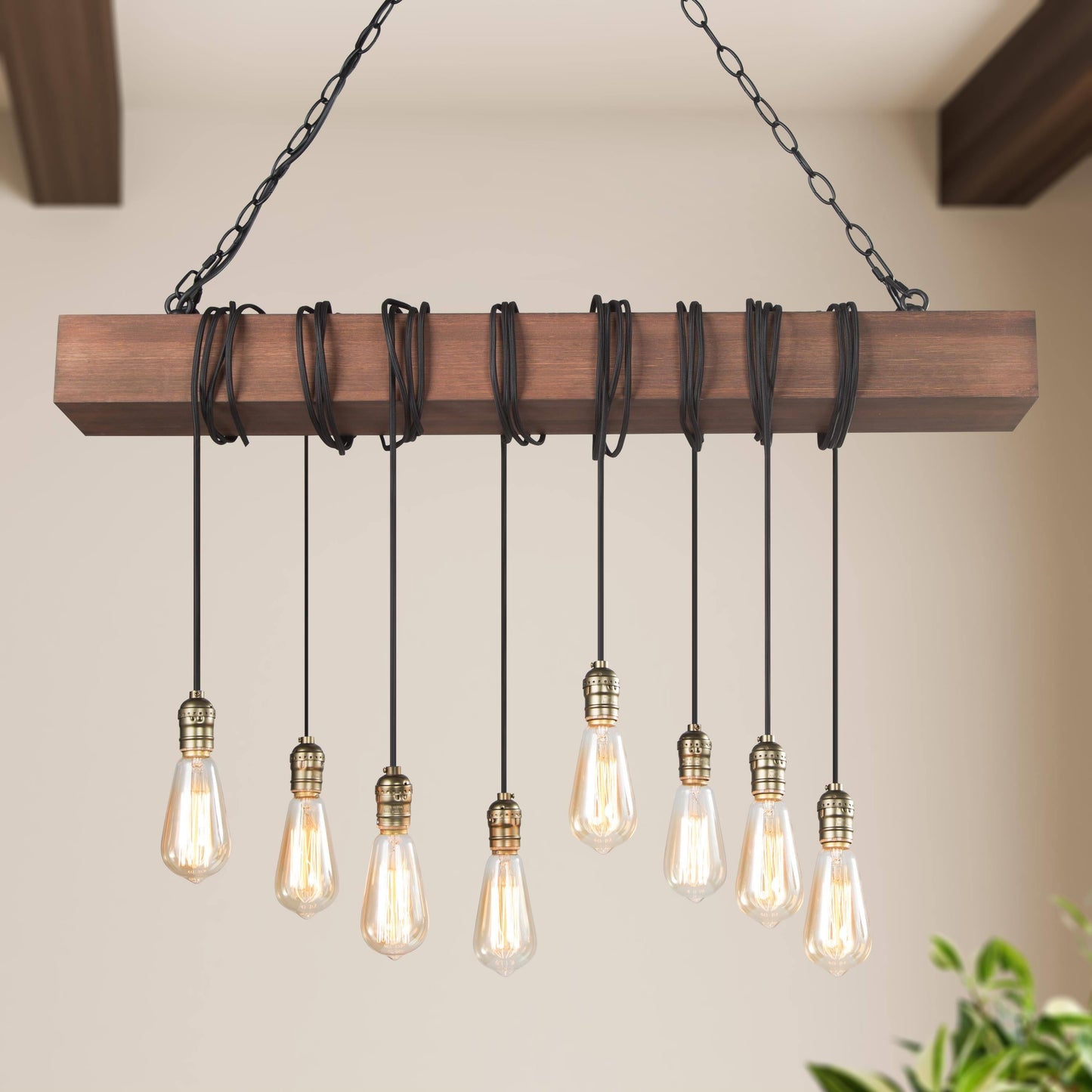 LNC 8-Light Dark Brown Wood and Black Linear Farmhouse Bare Bulb LED Chandelier, Large Linear Modern Farmhouse Chandeliers Light for Dining Room, Kitchen Island, Bedroom